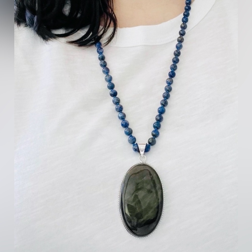 XL Gold Sheen Obsidian Big 925 Pendant Lapis Lazuli Gemstone Bead Necklace Chain - Picture 8 of 8